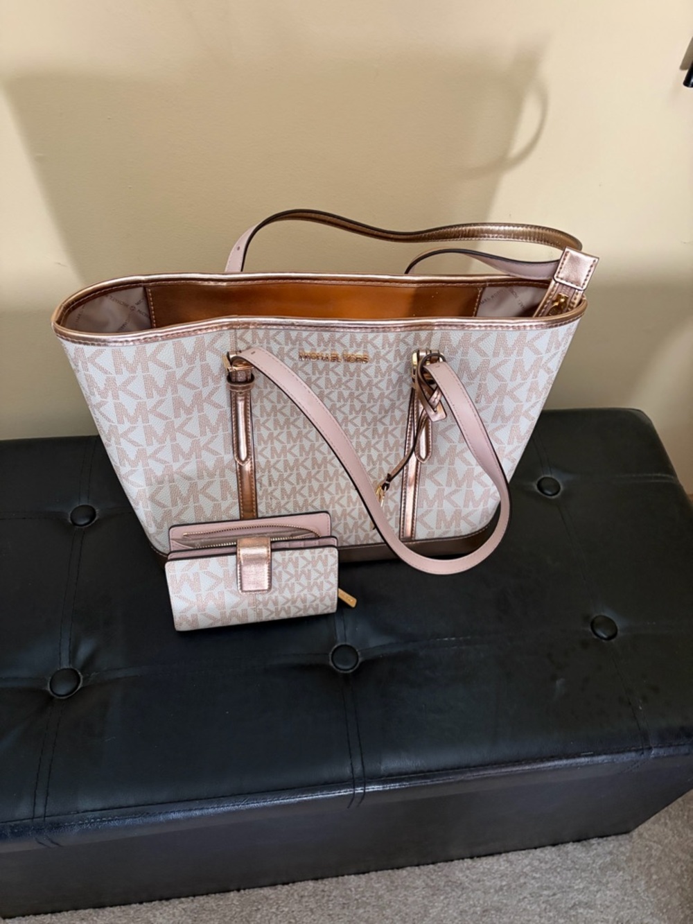 Michael Kors Rose Gold Jet Set Logo Tote with Matching Wallet
